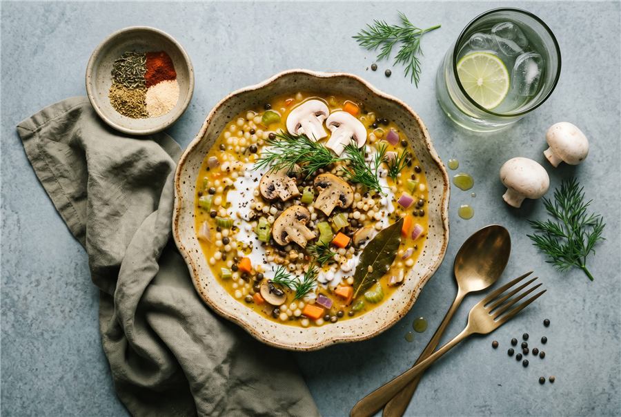 Linzensoep met parelcouscous en paddenstoelen